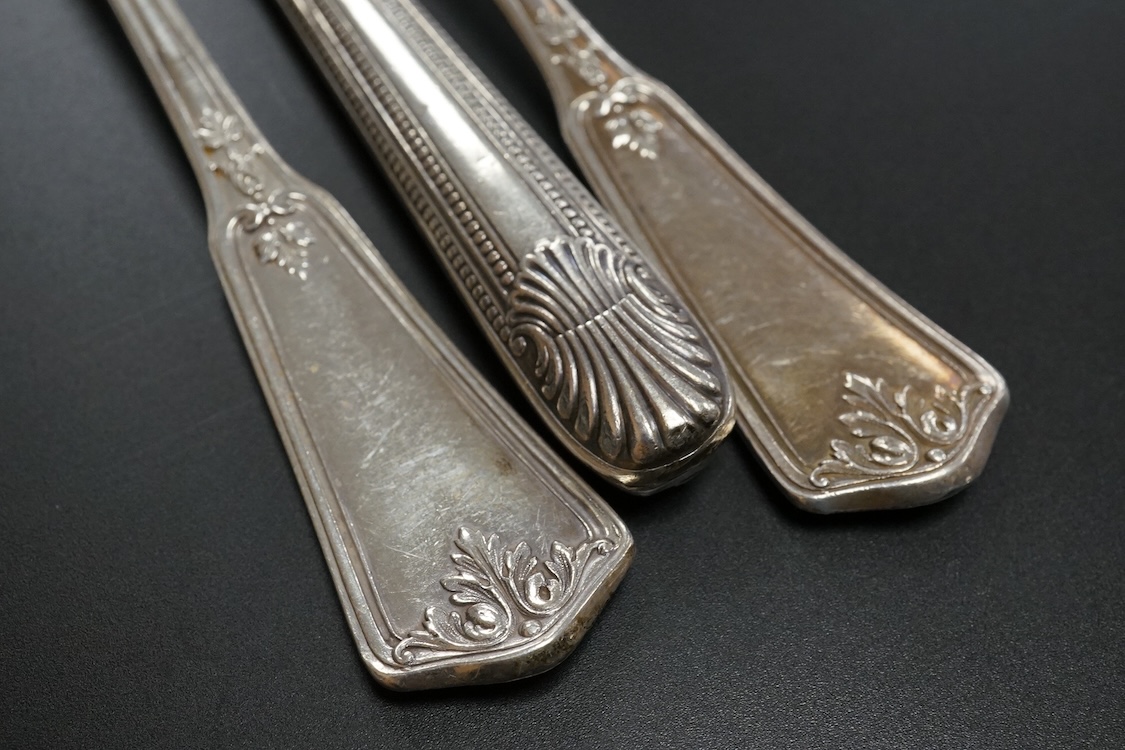 Eighteen pairs of early 20th century French 950 standard white metal fish eaters by Olier & Caron, together with a set of twelve French silver dessert knives(loaded handles) a French white metal table fork and two French